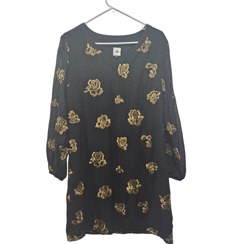 Cabi Black Gold Asian Inspired Embroidered Floral Dress Long Sleeve M Sheer